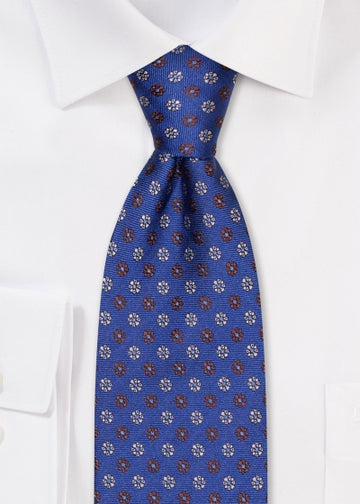 Cravată de mătase cu motiv floral, nervuri albastre